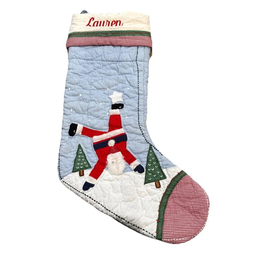Pottery Barn Kids Quilted Christmas Stocking Santa Blue Gingham 